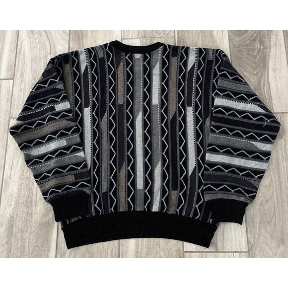 VTG Tundra Canada Mens 3D Knit Textured Sweater Size S Black Gray Retro Flaw* - Picture 13 of 14